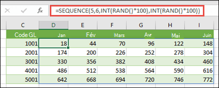 Exemple de fonction SEQUENCE imbriquée avec ENT et ALEA pour créer un échantillon de jeu de données