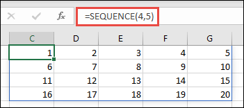 Exemple de fonction SEQUENCE avec tableau 4 x 5