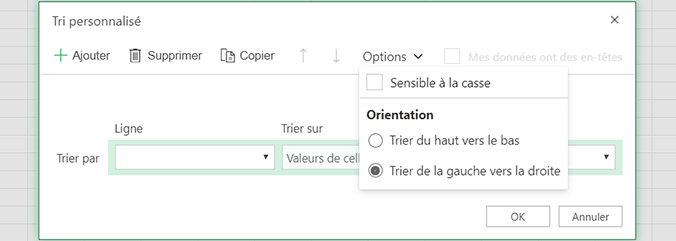 Menu Options d’ouverture de tri personnalisé et sélectionnez Trier de gauche à droite