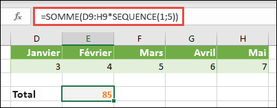 Utilisez des constantes de tableau dans les formules. Dans cet exemple, nous avons utilisé =SOMME(D9 :H(*SEQUENCE(1,5))