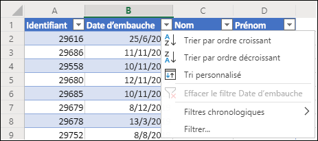 Utiliser le filtre de tableau Excel pour trier dans l’ordre croissant ou décroissant