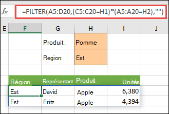 Vous pouvez utiliser la fonction FILTRE avec l’opérateur de multiplication (*) pour renvoyer toutes les valeurs dans la plage du tableau (A5:D20) qui correspondent au produit « Pommes » ET à la région Est.