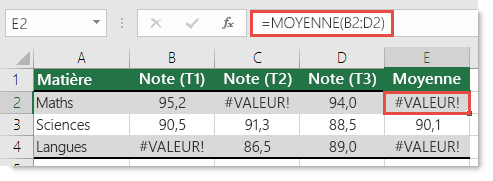 Erreur #VALEUR! dans la fonction MOYENNE