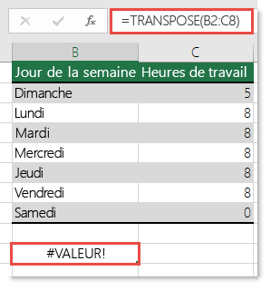 Erreur #VALEUR dans la fonction TRANSPOSE