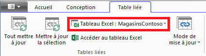 Ruban lié indiquant un tableau Excel