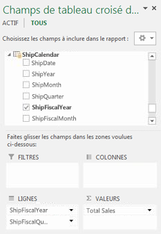 liste de champs de tableau croisé dynamique du calendrier d’expédition