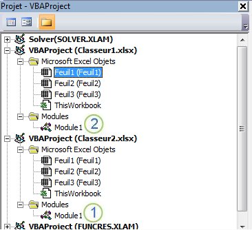 Volet VBA Project Explorer affichant les arborescences de projets pour VBAProject Book1.xlsm et VBAProject Book2.xlsm. Le numéro 1 marque Module1 dans le dossier Book2.xlsm Modules, et le numéro 2 marque le dossier Modules sous Book1.xlsm, indiquant où faire glisser le module pour le copier.