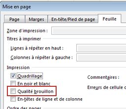 Onglet Feuille de la boîte de dialogue Mise en page