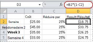 Exemple de formule pour le calcul d’un pourcentage