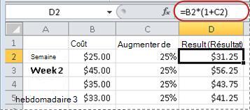 Exemple de formule pour le calcul d’un pourcentage