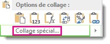 Commande Collage spécial, qui apparaît lorsque vous copiez une cellule, sélectionnez une colonne ou une ligne de cellules, puis cliquez avec le bouton droit