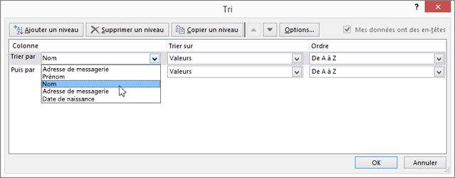 Sous Colonne, cliquez sur Trier par, puis sélectionnez une option