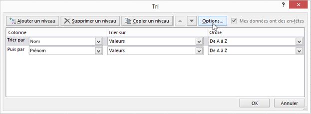 Cliquez sur Trier pour ouvrir la boîte de dialogue Trier