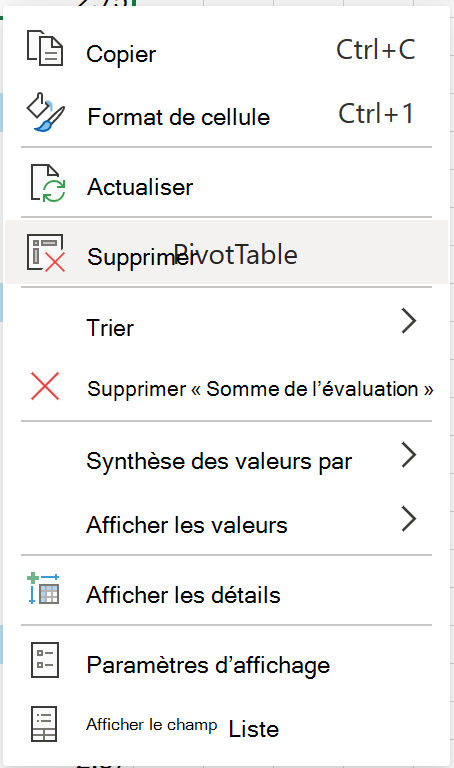 Supprimez le tableau croisé dynamique du menu contextuel sur le web.