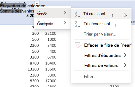 Zone de lignes avec des filtres combinés