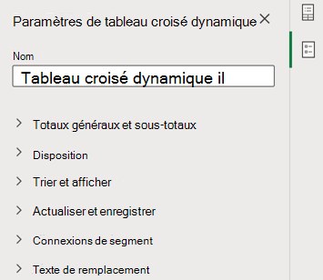 Volet Paramètres de tableau croisé dynamique dans Excel pour le web