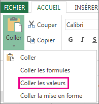Commande Coller montrant l’option Coller les valeurs dans Excel Web App