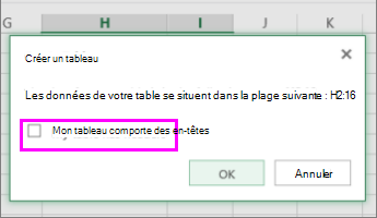 Boîte de dialogue pour convertir une plage de données en tableau
