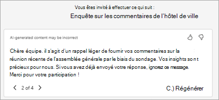Copilot génère automatiquement un texte d’invitation suggéré. Vous pouvez modifier le texte ici ou sélectionner Réécrire avec Copilot pour lui demander de générer une nouvelle version.