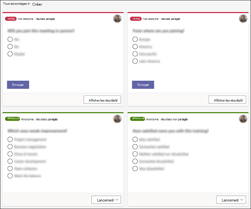 Sondages Microsoft Forms créés dans Teams dans différents états, tels qu’un live et draft