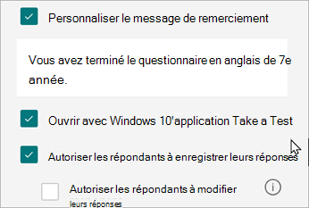 Les paramètres d’un questionnaire révéleront une option de réponses spécifiques aux questionnaires : Ouvrir avec Windows 10 Effectuer un test