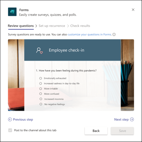 Boîte de dialogue Formulaires dans Teams avec un aperçu du modèle de mesure du bien-être des employés