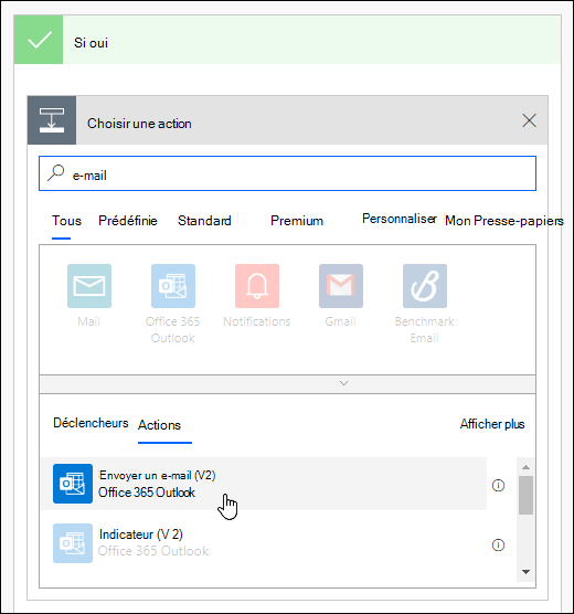 Sélectionnez Envoyer une notification par e-mail en tant qu’action dans Power Automate