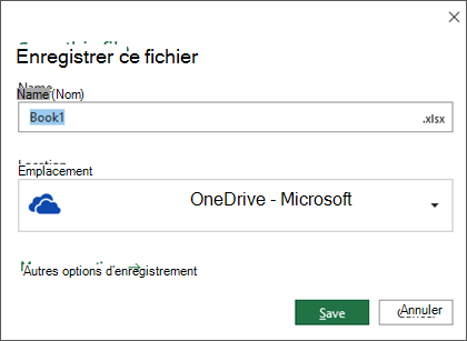 Boîte de dialogue Enregistrer dans Microsoft Excel pour Office 365