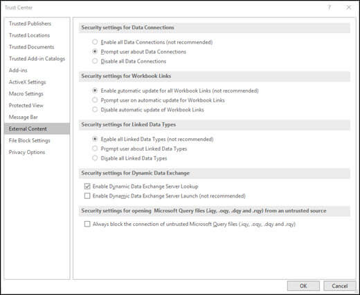 Options > Excel Paramètres de sécurité du Centre > de gestion de la confidentialité pour les connexions de données, les liens, les types de données, l’échange dynamique de données (DDE) et les fichiers Microsoft Query.