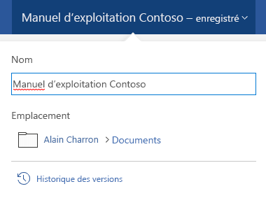 La boîte de dialogue des opérations sur les fichiers s’active en cliquant sur le titre du document en haut de la fenêtre.