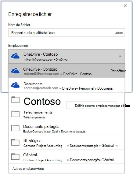 Capture d’écran montrant comment définir l’emplacement par défaut dans Word lors de l’enregistrement d’un nouveau fichier