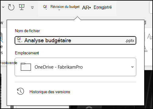 Menu déroulant du titre du document dans Word pour Office 365