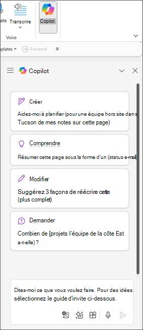 Capture d’écran du volet Copilot dans OneNote