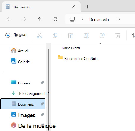 Dossier Documents montrant le sous-dossier Bloc-notes OneNote.