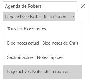 Affiche la liste déroulante de recherche avec les options d’étendue, et la page en cours active.