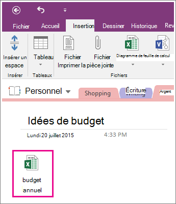 Capture d’écran d’une feuille de calcul jointe dans OneNote 2016