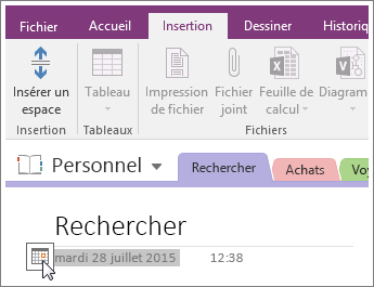 Capture d’écran montrant comment changer l’horodatage d’une page dans OneNote 2016.