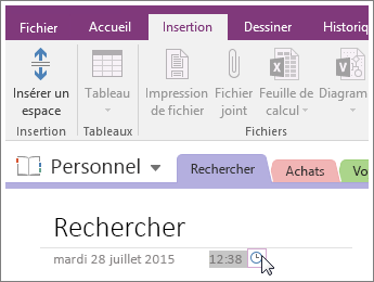 Capture d’écran montrant comment changer l’horodatage d’une page dans OneNote 2016.