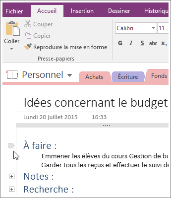 Capture d’écran de la réduction d’un plan dans OneNote 2016