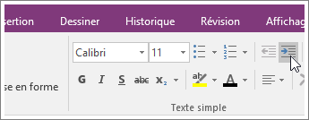 Capture d’écran du bouton Augmenter le retrait dans OneNote 2016