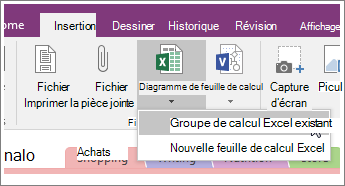 Capture d’écran du bouton Insérer une feuille de calcul dans OneNote 2016