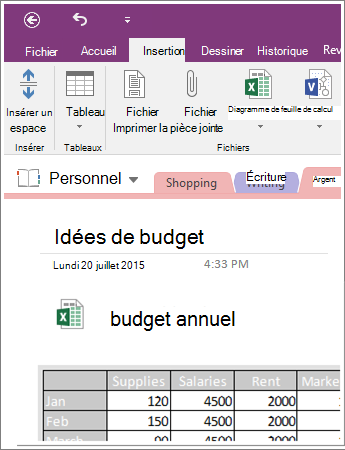 Capture d’écran d’une feuille de calcul incorporée dans OneNote 2016