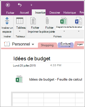 Capture d’écran d’une nouvelle feuille de calcul dans OneNote 2016