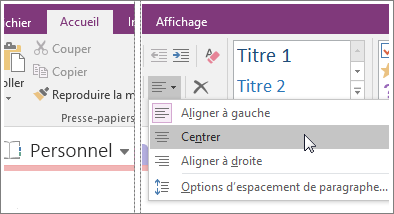 Capture d’écran du bouton Alignement du paragraphe dans OneNote 2016.