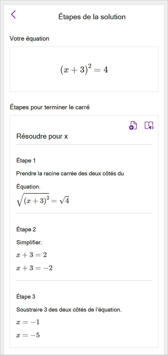 Capture d’écran du volet mathématique dans le bureau OneNote. Les étapes de solution sont indiquées pour l’utilisation de la méthode de fin de la méthode carrée à résoudre pour x.