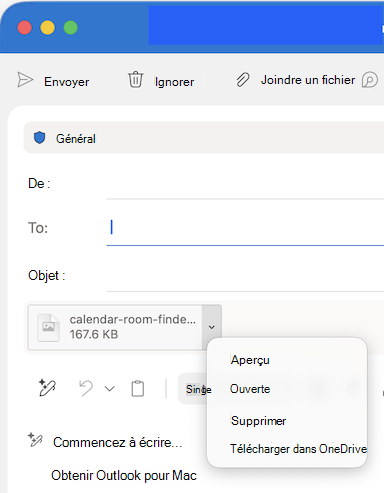 Options de liste déroulante Joindre un fichier dans Outlook pour Mac