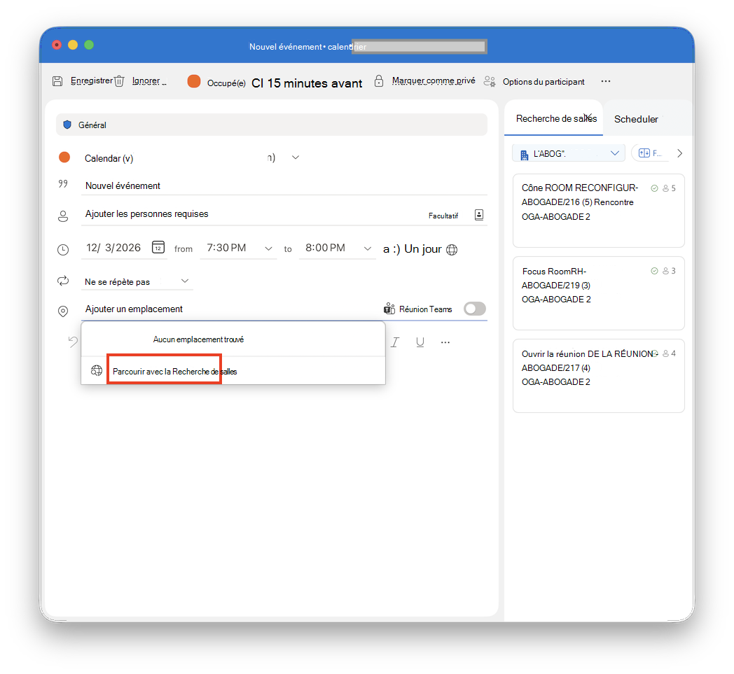 Parcourir avec la Recherche de salles dans Outlook pour Mac