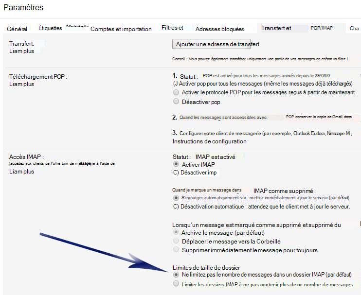 Affiche l’écran Paramètres. Dans la section Accès IMAP, une flèche pointe vers la première option sous Limites de taille du dossier (ne limitez pas le nombre de messages...).