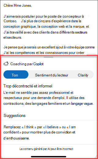 Suggestions de Copilots pour le ton, la clarté et le sentiment des lecteurs dans Outlook pour mobile