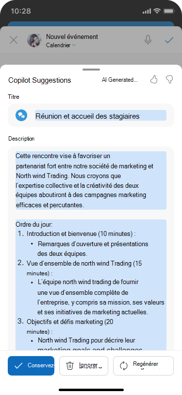 Feuille de suggestions Copilot pour planifier avec Copilot